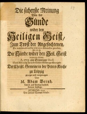 Die sicherste Meinung Von der Sünde wider den Heiligen Geist ...
