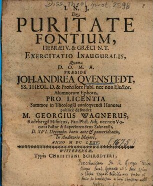 De Puritate Fontium, Hebraei V. & Graeci N. T. Exercitatio Inauguralis