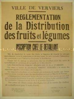 Maueranschlag für das besetzte Belgien mit der Verordnung über die Zuteilung von Obst und Gemüse (einsprachig)