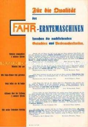 Kundengutachten über Bindemäher der Firma Fahr