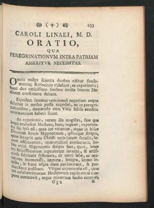 Caroli Linaei, M. D. Oratio, Qua Peregrinationum Intra Patriam Asseritur Necessitas.