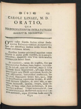 Caroli Linaei, M. D. Oratio, Qua Peregrinationum Intra Patriam Asseritur Necessitas.
