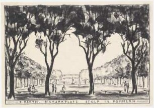 Bismarckplatz, Stolp: Perspektivische Ansicht mit Blick über den Platz auf das Bismarckdenkmal