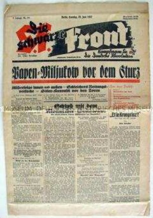 Wochenzeitung der NSDAP-Opposition "Die schwarze Front" zum Sturz der Papen-Regierung