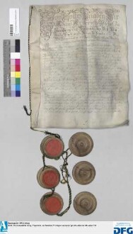 Vertrag zwischen Bischof Adam Friedrich von Bamberg und der Stadt Nürnberg über die hohe Zent- und niedern Gerichtsbarkeit über die im Dorfe Hausen dann überhaupt in der Cent Forchheim gelegenen Nürnbergischen Lehengüter /Im Anhang ein nach Ortschaften (genannt sind die Orte Adelsdorf, Dietzhof, Kirchehrenbach, Mittelehrenbach, Gaigang, Kersbach, Pinzberg, Poppendorf, Burk und Röttenbach) hergestelltes Verzeichnis der in den Dorfsfluren liegend "ledigen" Stück. - Siegler: Bischof und Domkapitel zu Bamberg, die Stadt Nürnberg. 1774 Februar 28, Bamberg; 1774 März 2, Nürnberg