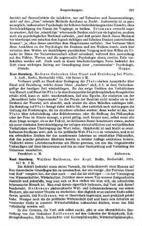 221, Kurt Sternberg. Moderne Gedanken über den Staat und Erziehung bei Plato. 1924