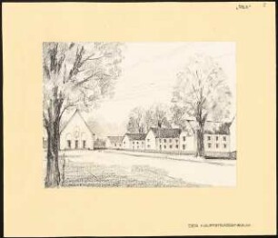 Siedlung für Kriegsbeschädigte Schinkelwettbewerb 1945: Hauptstraßenraum. Perspektivische Ansicht