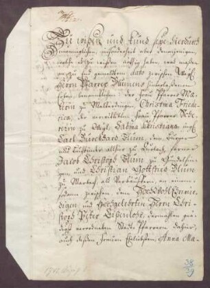 Die Erben des Pfarreres Blum verkaufen an den Stadtpfarrer Christoph Peter Eisenlohr eine Behausung im Burgviertel zu Durlach um 1.050 fl.
