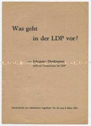 Sonderdruck eines Artikels von Johannes Dieckmann aus dem "Sächsischen Tageblatt" zur Politik der LDPD