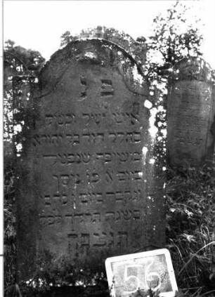 Grabstein 56 (Index: 100103615) Material: Sandstein Zustand: leicht angewittert Maße HxBxT: 105x58x9 cm Beschreibung: Stele, eingezogener Rundbogenabschluss, Schriftfeld eingetieft mit Konvexbogenabschluss: Grabstein 56