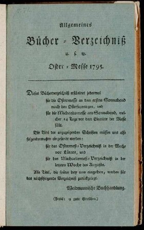 Allgemeines Bücher-Verzeichniß u.s.w. Oster-Messe 1795.