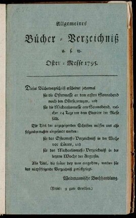 Allgemeines Bücher-Verzeichniß u.s.w. Oster-Messe 1795.