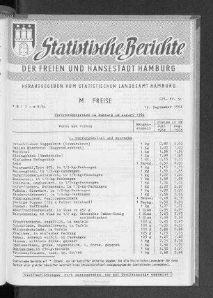 Verbraucherpreise in Hamburg im August 1964 : Lfd. Nr. 31