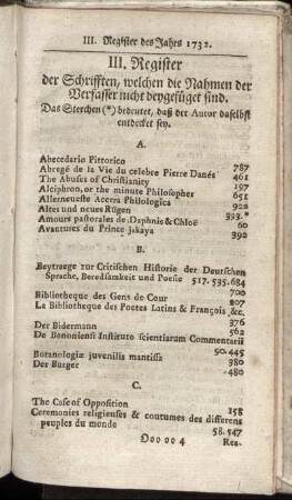 III. Register der Schrifften, welchen die Nahmen der Verfasser nicht beygefüget sind.