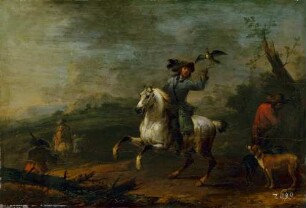 Ein Reiter auf weißem Pferde mit einem Jagdfalken