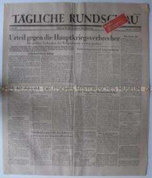 Sowjetische Tageszeitung für die deutsche Bevölkerung "Tägliche Rundschau" zur bevorstenden Urteilsverkündigung in Nürnberg