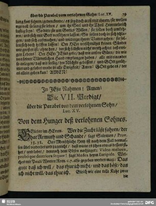 Die VII. Predigt, über die Parabol von dem verlohrnen Sohn, Luc. XV.