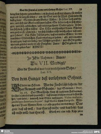 Die VII. Predigt, über die Parabol von dem verlohrnen Sohn, Luc. XV.