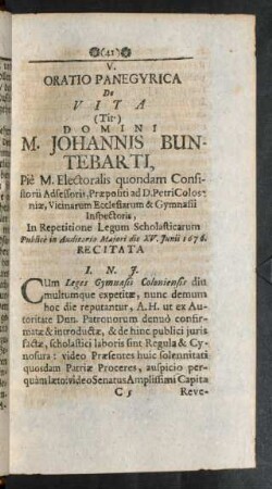 V. Oratio Panegyrica De Vita Domini M. Johannis Buntebarti ...