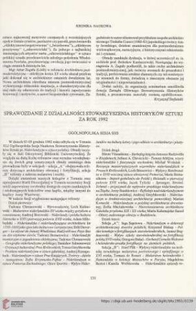 Sprawozdanie działalności stowarzyszenia historyków sztuki za rok 1992