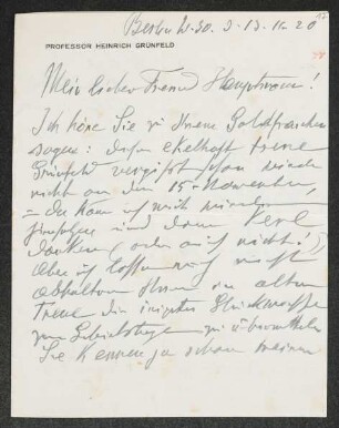 Brief von Heinrich Grünfeld an Gerhart Hauptmann
