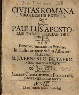Civitas Romana Virgidemiis Exemta, Qua de & Quo Jure Paullus Apostolus Tarso Ciliciae Oriundus eam allegarit