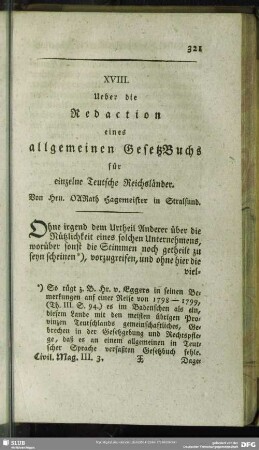 XVIII. Ueber die Redaction eines allgemeinen GesetzBuchs für einzelne Teutsche Rechsländer