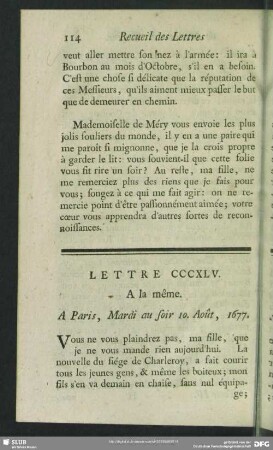 Lettre CCCXLV. A la même. A Paris, Mardi au soir 10. Août, 1677