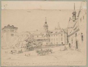 Das Rittergut (Schloss) in Gamig (Dohna-Gamig) südöstlich von Dresden, Ansicht des Innenhofes mit dem Turmhaus von Gottfried Semper