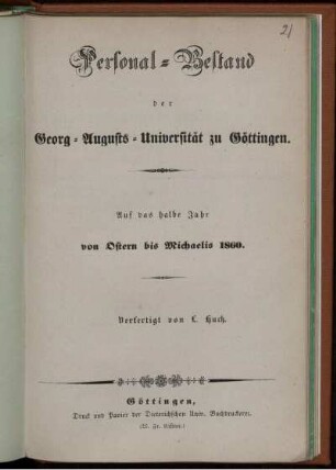 SS 1860: Personal-Bestand der Georg-Augusts-Universität zu Göttingen