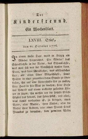 LXVIII. Stück, den 21. October 1776