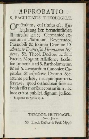 Approbatio S. Facultatis Theologicæ.