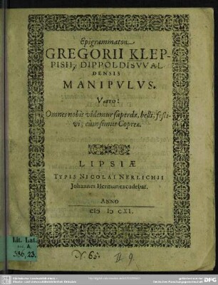 Epigrammaton Gregorii Kleppisii manipulus