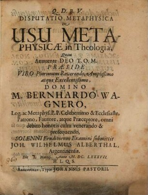 Diss. metaphys. de usu metaphysicae in theologia