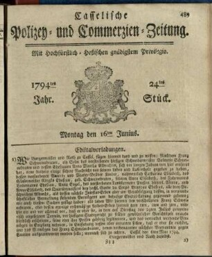 24tes Stueck, Montag den 16ten Junius 1794
