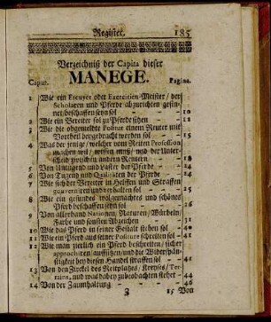 Verzeichniß der Capita dieser Manege.