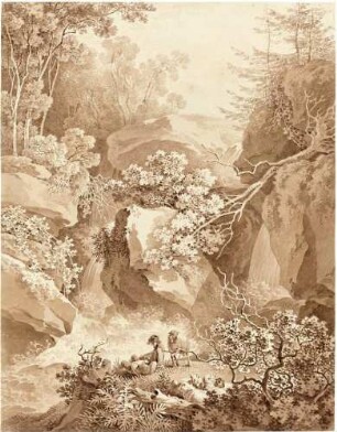 Gebirgslandschaft mit Wasserfall und Schafherde (Beuthenfall im Kirnitzschgrund?)