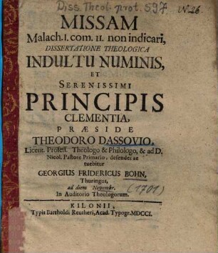 Missam Malach. I. com. II. non indicari, Dissertatione Theologica