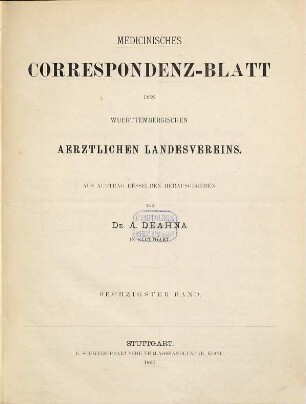 Medicinisches Correspondenzblatt des Württembergischen Ärztlichen Landesvereins. 60. 1890
