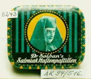 Blechdose für "Dr. Soldan's Salmiak Hustenpastillen" (Abbildung einer Nonne)