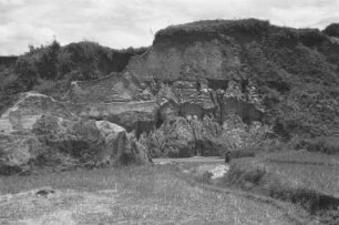 Beginnen der Badlandbildung : Schlucht mit Felsen und Bachlauf