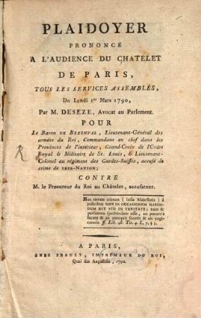 Plaidoyer par M. Deseze pour le bar. de Bezenval