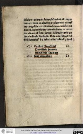 Explicit Innocentius De miseria humane conditionis. laudetur deus eternaliter.