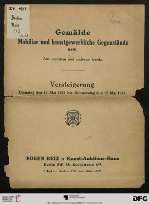 Gemälde, Mobiliar und kunstgewerbliche Gegenstände usw. aus privatem und anderem Besitz : Versteigerung 15. Mai 1923 bis 17. Mai 1923