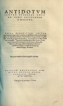 Antidotvm Contra Diversas Omnivm Fere Secvlorvm Haereses
