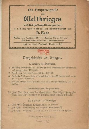 Die Hauptereignisse des Weltkrieges : nach Kriegsschauplätzen geordnet ; in tabellarischer Übersicht zusammengestellt von