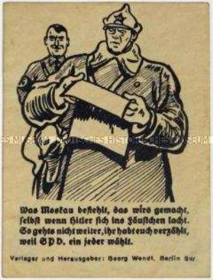 Handzettel der SPD zur Reichstagswahl 1932 mit einer Karikatur auf die Moskau-Hörigkeit der KPD