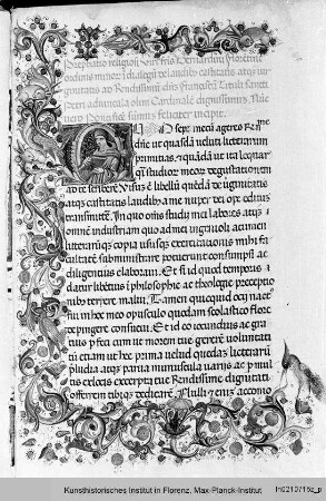 Fra Bernardino: Flor. Dialogus de laudibus castitatis : Folio mit Randbordüre, Text und historisierter Initiale C mit Fra Bernardino