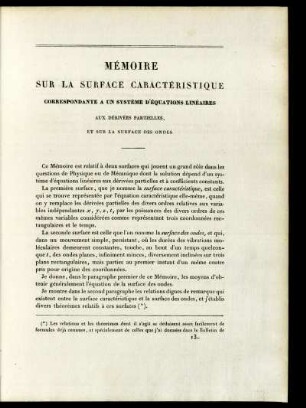 Mémoire. Sur la surface caractétistique.