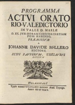 Programma Actui Orato Rio-Valedictorio In Valle D. Mariae D. XV. Iun: Horam Circiter Tertiam Pom: Habendo